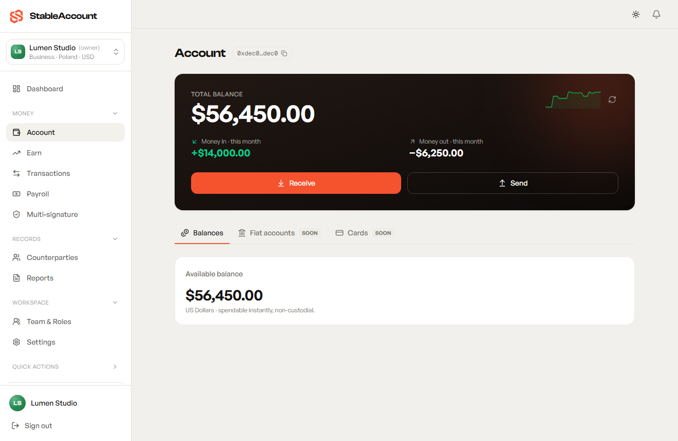 Account screen showing one private dollar balance you fully control