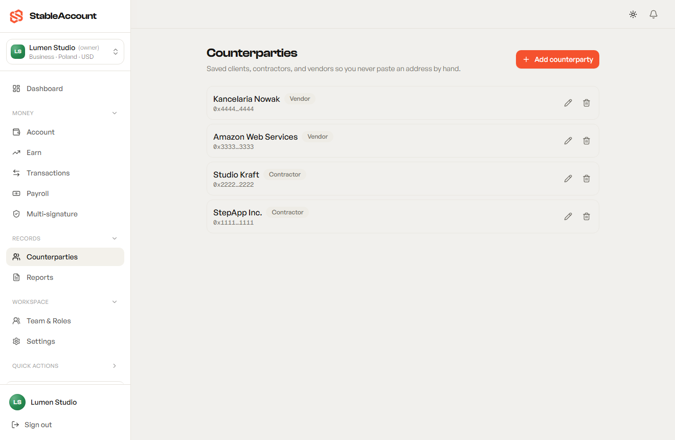 Saved counterparties so you never paste a wallet address by hand