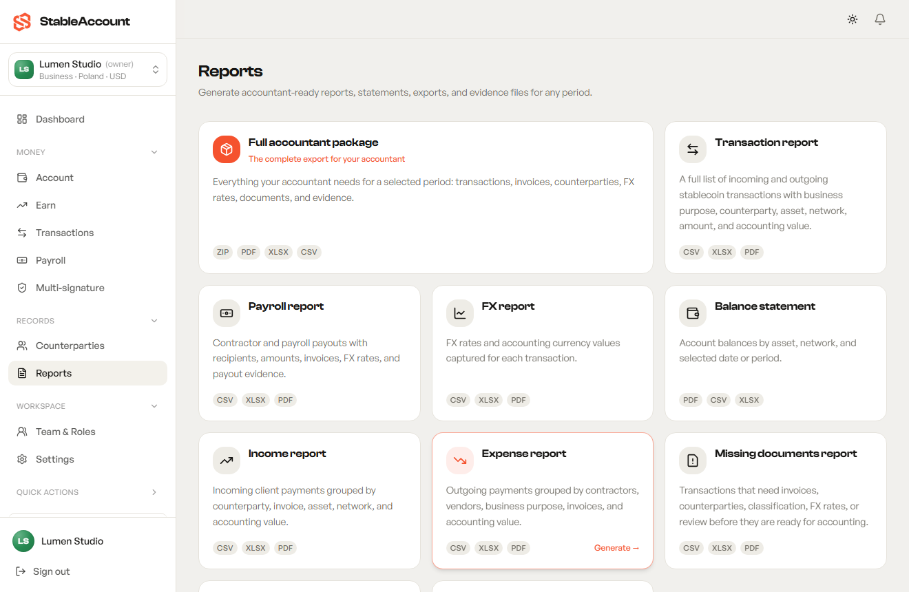 Reports screen with accountant-ready exports in CSV, XLSX and PDF