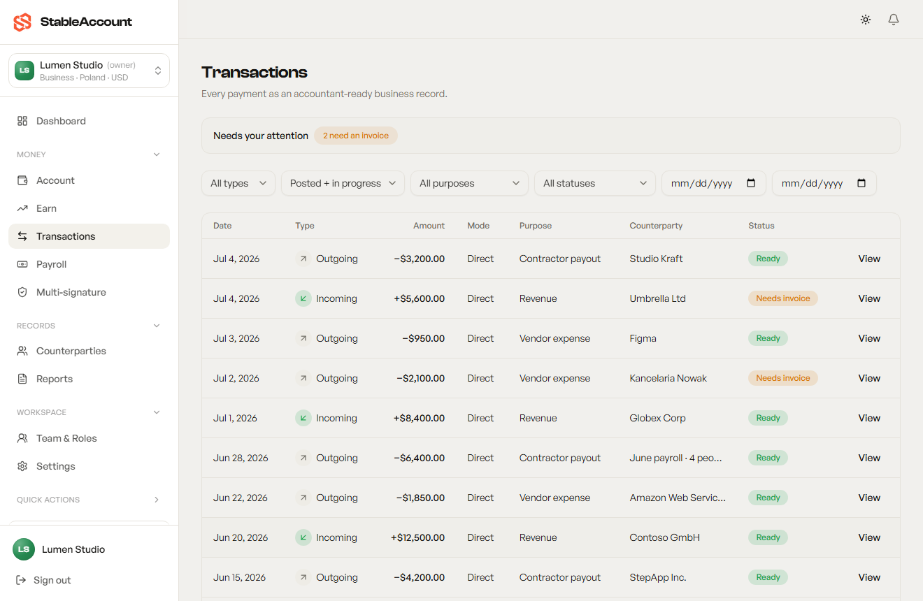 Transactions list where every payment is an accountant-ready record, shown in dollars